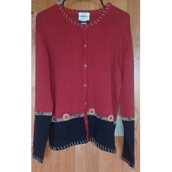Christopher & Banks Cardigan Womens Large Burgundy Blue Hand Embroidered Flowers - Picture 3 of 6